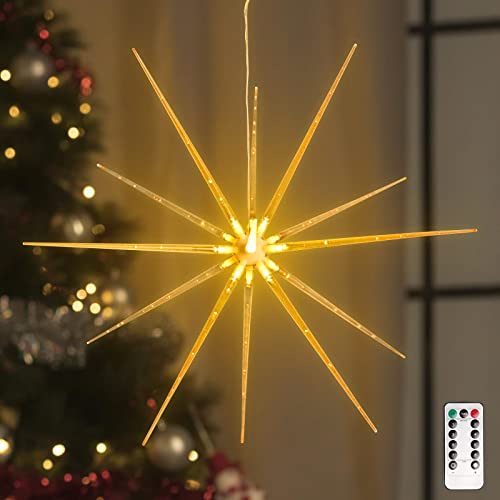 SALCAR 3D LED Weihnachtsstern Beleuchtet, 8 Beleuchtungs Modi Weihnachtsdeko mit Fernbedienung, 14 Eckige Acryl-Optik Hänge Leuchtstern für Fenster, Haus, Garten, Party - Warmweiß von SALCAR