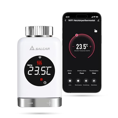 SALCAR Heizkörperthermostat TRV801W Thermostat Heizung Smart LCD WiFi Thermostat kompatibel mit Amazon Alexa & Google Home Heizungsthermostat Tuya Smartes Heizkörper, kein Gateway Erforderlich von SALCAR