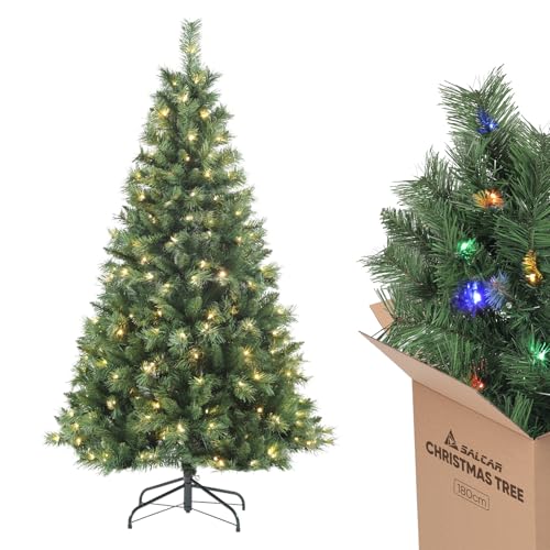 SALCAR Künstlicher Weihnachtsbaum mit Beleuchtung 180 cm, Tannenbaum Künstlich mit Handschuhen und 250 LED, Metall Christbaum Ständer von SALCAR