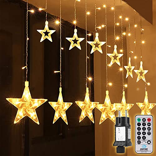 SALCAR 108er LED Lichtervorhang Sterne, 2x1M 12er Sternen Lichterkette Innen Außen Fenster, Weihnachtslichter Sternenvorhang mit 8 Modi, Fernbedienung und Memory-Funktion, Warmweiß von SALCAR