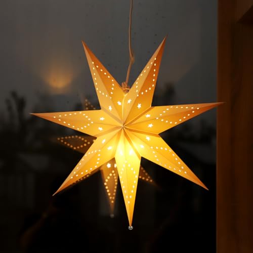 SALCAR 55cm LED Papierstern Beleuchtet zum Aufhängen, Advents Leuchtstern Fenster mit Warmweiß E14 Lampe, 3D Weihnachtsstern Fensterdeko Weihnachten - Weiß Papierstern von SALCAR