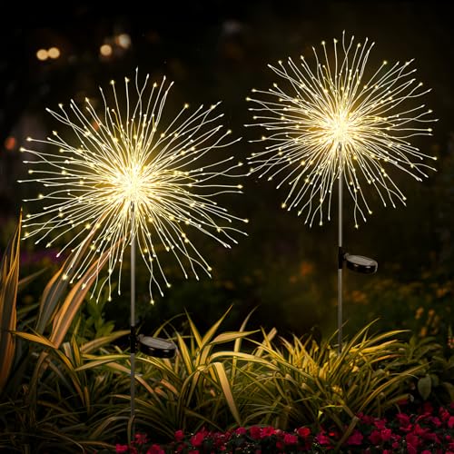 SALCAR LED Solarleuchten Gartendeko, 2 Stück 180LED Solar Feuerwerk Gartenlichter Wasserdicht, 8 Modi Solarstecker Gartenleuchten für Außen Fußweg Yard Rasen Terrasse, Warmweiß von SALCAR