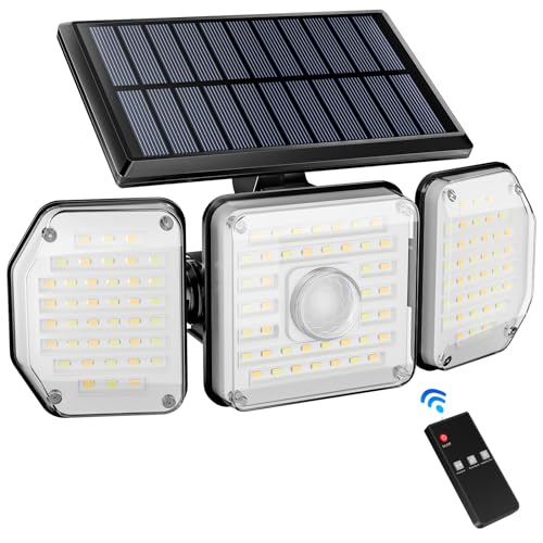 SALCAR Solarlampen für Außen mit Bewegungsmelder, 122 LED Solar Strahler Warmweiß/Weiß Solarleuchte 3 Modi mit Fernbedienung, Solar Außenleuchte Wandleuchte mit 3 Verstellbarer Kopf von SALCAR