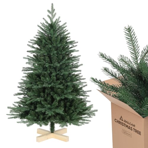 SALCAR Weihnachtsbaum Künstlich mit Holzständer, Künstlicher Tannenbaum 120 cm aus PE Spritzguss & PVC mit Handschuhen als Weihnachtsdeko Innen von SALCAR