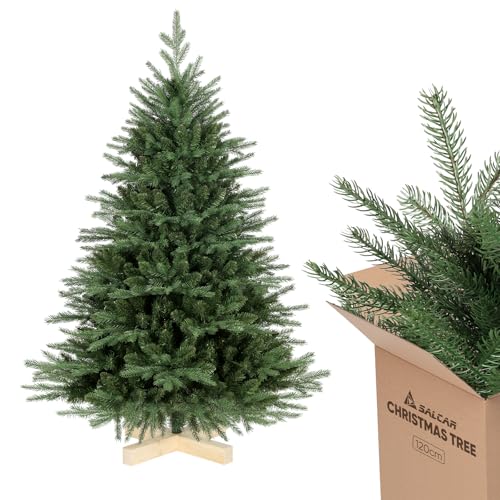 SALCAR Weihnachtsbaum künstlich 120 cm mit Holzständer, PE naturgetreue Spritzguss Elemente & PVC Nordmanntanne, 1,2 m Tannenbaum künstlich (Ø 86 cm) von SALCAR