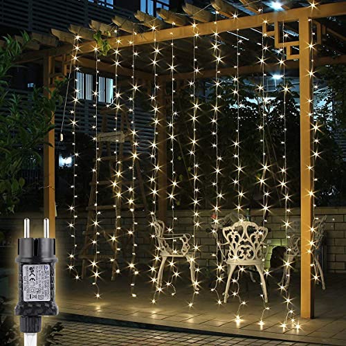 SALCAR LED Lichtervorhang Außen 3x3 m, Lichterkette Vorhang Weihnachten Innen mit 8 Modi und Memory, Weihnachtsbeleuchtung Outdoor Garten, Warmweiß von SALCAR