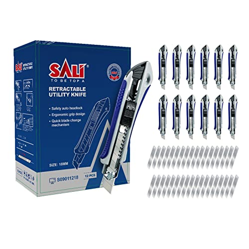 SALI Cuttermesser Set [12 Stück] aus Aluminium für,Allzweckmesser mit Gummigriff,Robuste Teppichmesser inkl,36 SK5 Carbonstahl Abbrechklingen 18mm,mit Geschenkbox geliefert von SALI