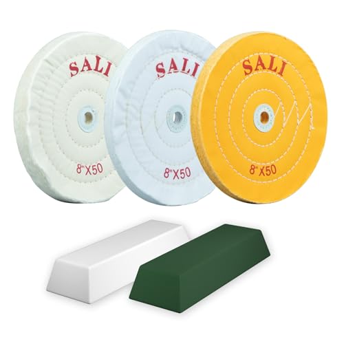SALI 3er Pack Polierscheiben Set für Bohrmaschine & Polierbock 200mm Schwabbelscheiben mit Polierpaste Kit Für Metalle & Holz Gelbe, Weiße Baumwolle & 50-lagige Baumwolle Polierscheibe von SALI