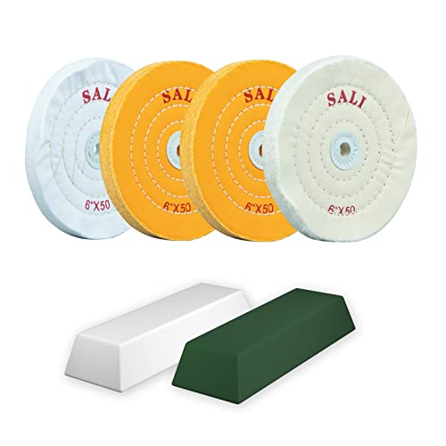 SALI 4er Pack Polierscheiben Set für Bohrmaschine & Polierbock 150mm Schwabbelscheiben mit Polierpaste Kit Für Metalle & Holz Gelbe, Weiße Baumwolle & 50-lagige Baumwolle Polierscheiben von SALI