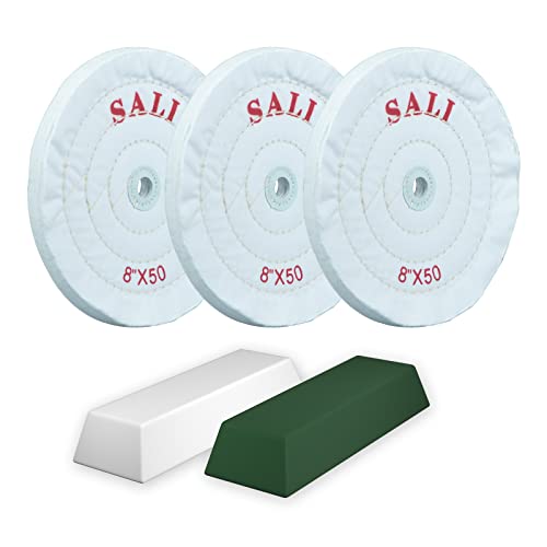 SALI 3 Stück Polierscheibe für Bankschleifer 200mm weiße Baumwolle (50-lagig) für Pufferpolierer feine Polierpads 16mm Dornloch mit Poliermasse Polierscheiben für Bohrmaschine und Polierbock von SALI
