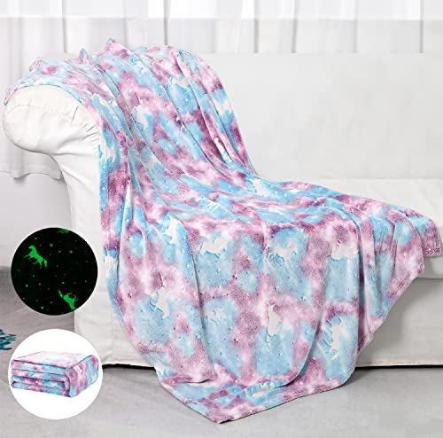 SALIMAH Glow in The Dark Throw Blanket Luminous Unicorns Blanket für Kinder, Super Soft Plush Flanell Blanket, 152,4 x 127 cm (Blue Unicorns) von SALIMAH