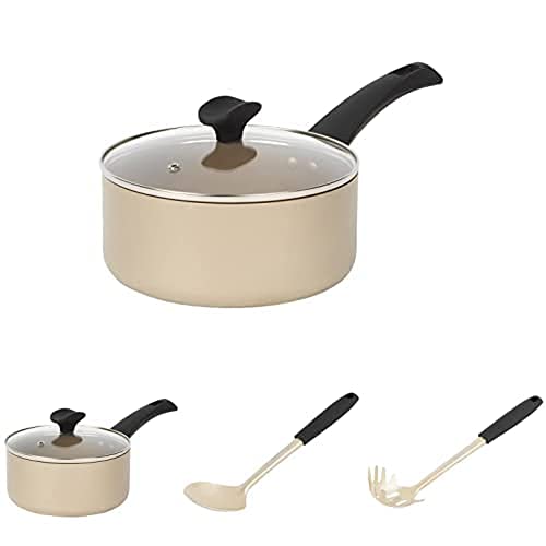Bundle of Salter BW11109EU7 Olympus 20cm and 18cm Saucepan, Sauce Spoon and Spaghetti Spoon, with Tempered Glass Lid, Non-Stick Coating, Forged Aluminium, Hanging Hook, Easy To clean, Gold Plated Tool von SALTER