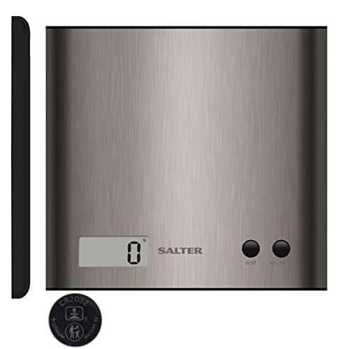 Salter 1087 SSDCDU Digitale elektronische Küchenwaage Arc, schlanke Edelstahlplattform, abgerundete Seiten, LCD-Display Waage Küche, Wägefunktion, Tarenfunktion leicht zu reinigen, max. 3kg von SALTER