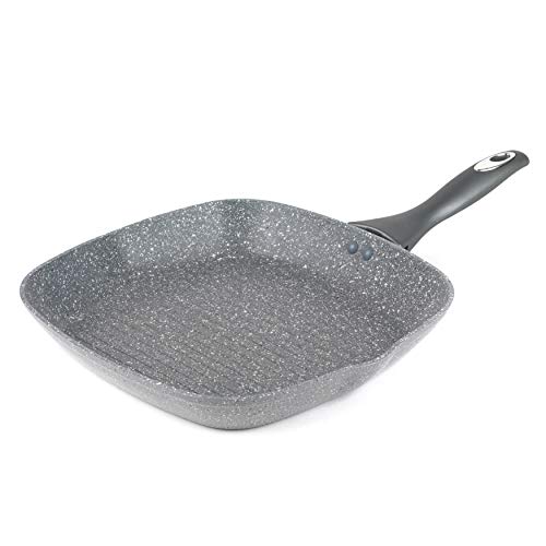 Salter BW02773G Grillpfanne 28cm, Marblestone pfanne mit Antihaftbeschichtung, PFOA frei non stick Backöfen pfane, Universalpfannen, Induktion/spülmaschinenfest, Aluminium, Grau von SALTER