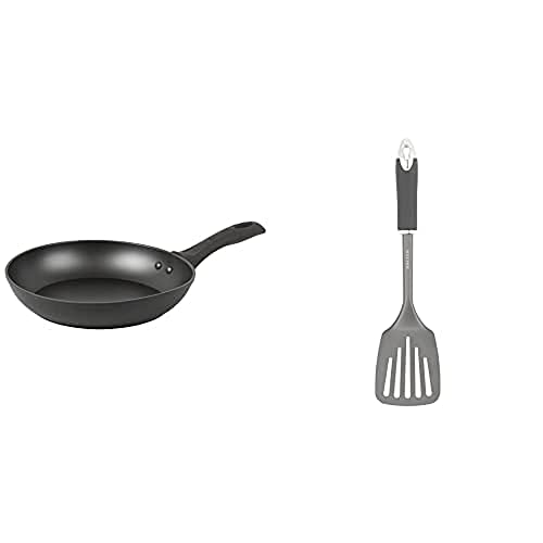 SALTER Bundle of BW11038EU7 Cosmos Frying Pan, 24 cm Pan BW11064EU7 Cosmos Spatula, Non-Stick, Hanging Hook, Easy to Clean, Durable Quality, Forged Aluminium, Dishwasher Safe, Matt Grey von SALTER