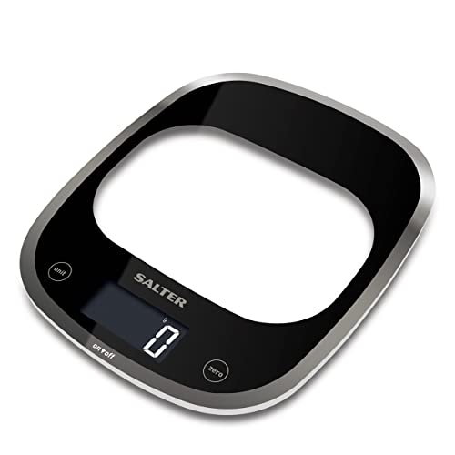 Salter 1050 BKDR Curve Digitale Küchenwaage, Schlankes Glas waag, große Oberfläche und modernes Design, 5kg, hochsensiblem LCD Display, tare-funktion, ml/fl oz, inkl. Batterien, schwarz von SALTER