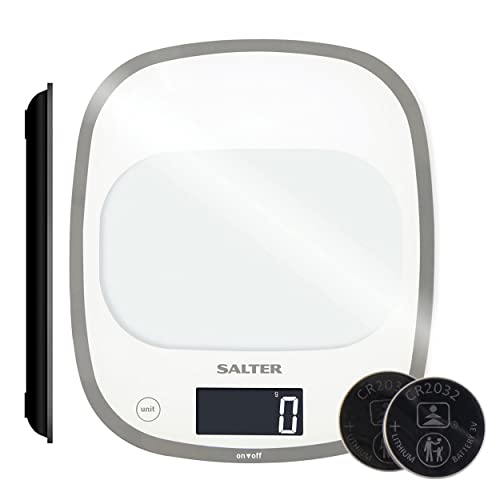 Salter 1050 WHDR Curve Digitale Küchenwaage Weiß, Schlankes Glas elektrische küchenwaagen, große Oberfläche, einer Kapazität von 5kg, Gut lesbares Display, Tara-funktion, ml oder fl oz von SALTER