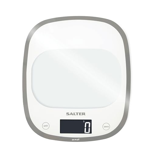 Salter 1050 WHDR Curve Digitale Küchenwaage Weiß, Schlankes Glas elektrische küchenwaagen, große Oberfläche, einer Kapazität von 5kg, Gut lesbares Display, Tara-funktion, ml oder fl oz von SALTER