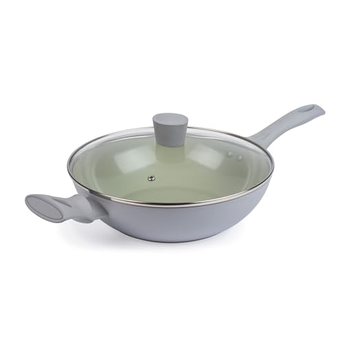 SALTER Earth 28cm Wokpfanne – Gesunde Keramik-Antihaftbeschichtung, PFAS-freies Induktionskochgeschirr, Kleiner Aluminium-Stir-Fry, Leicht zu reinigen, PFOA/PTFE-freies Kochen, Kühler Griff, Grün von SALTER
