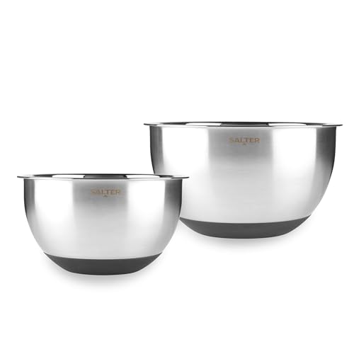 SALTER Expert Rührschüssel-Set – 2er Pack, langlebiger Edelstahl, 20/24 cm Backschüsseln, Silikon-Rutschfester Boden, Spiegelpoliertes Innenleben mit Messskala, Gebürstete Außenfläche von SALTER
