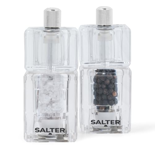 Salter 7605 CLXR Salz- & Pfeffermühlen Mini, quadratische, rautenharte Keramik, zum Mahlen gedreht, Salzkristalle &Pfefferkörner, 14g Salz/7g Pfeffer, einstellbar, fein bis grob, 9,7 cm, klar von SALTER