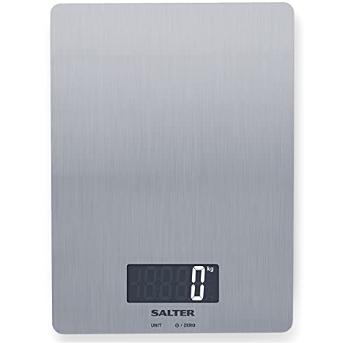 Salter 1103 SSDR Elektronische Digitale Küchenwaage - Max 5kg, Schlankes Kompaktes Design, LCD Display, Tare Funktion, Aquatronic fur Flüssigkeiten ml/fl.oz, Metrisch/Imperialen, Edelstahl Plattform von SALTER