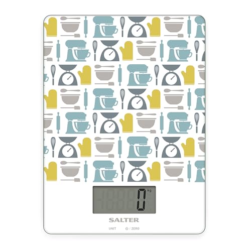 Salter 1102 GNBLDR Digitale Glas Küchenwaage, Küche Digital bis zu 0,1 g Genauigkeit, Schlankes hygienisch Design, Null-/Tara-Funktion, misst Flüssigkeiten, einfache Reinigung, 5kg, LCD-Anzeige, weiß von SALTER