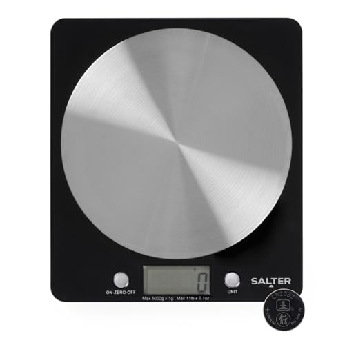 Salter Digital Kitchen Weighing Scales – Stylish Slim Design Electronic Cooking Scale for Home + Kitchen, Weigh Food 5000g + Liquids in ml and fl. Oz. – Black Salter Digital Kitchen Weighing Scales – Stylish Slim Design Electronic Cooking Scale for Home + Kitchen, Weigh Food 5000g + Liquids in ml and fl. Oz. – Black von SALTER