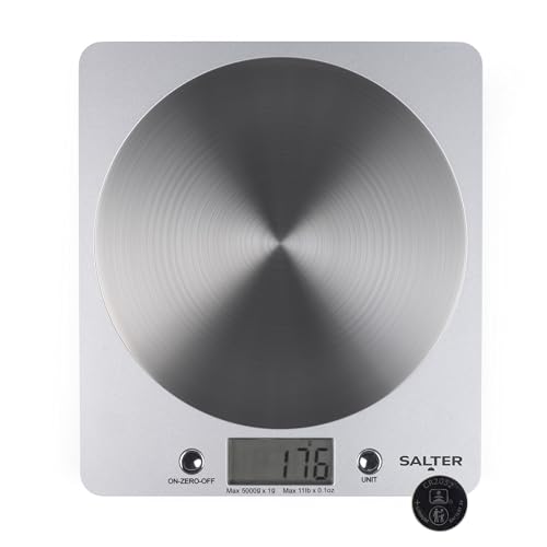 Salter 1036 SVSSDR Digitale Küchenwaage - elektrische Lebensmittelwaage mit Edelstahl Plattform, einer Kapazität 5kg, Backwaage mit Add & Weigh Tara-Funktion, Leicht zu lesen LCD Display, Silber von SALTER