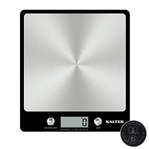 Salter 1241A BKDR digitale Küchenwaage - Großes Display, Digitalwaage mit Tara Funktion, kg/lbs, Flüssigkeiten wiegen ml/fl.oz, praktische Haushaltswaage, Edelstahl plattform, Waage mit Batterien von SALTER