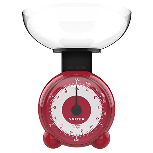 Salter 139 RDDRA Retro Mechanische Küchenwaage - Analog Traditionelle Waage Bis 3kg Mit Tara-Funktion, Keine Batterien, BPA Frei Spülmaschinenfest Schüssel, Gut lesbares Nadelanzeige Zifferblatt, Rot von SALTER