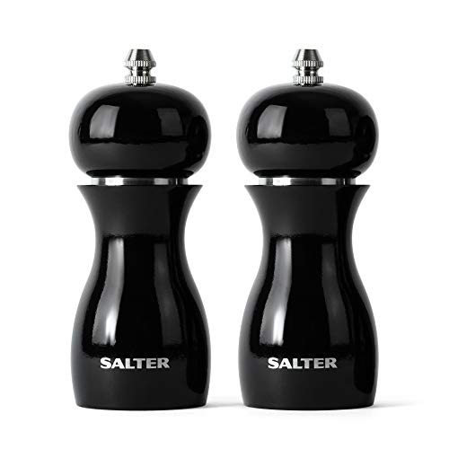 Salter 7613 BKXR Salz und Pfeffermühle Set - Küchenmühleset aus Holz, Gewürzmühle, Hartkeramik Schleifmechanismus, einstellbar für feines bis grobes Mahlen, 26g Salz/13g Pfeffer, glänzend Schwarz von SALTER