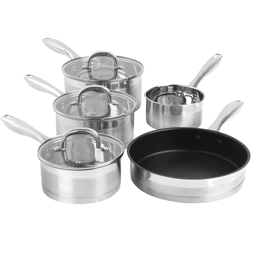 Salter BW06746 Zeitloses 5-teiliges Pfannenset - 16/18/20 cm Töpfe mit Glasdeckeln, 14 cm Milchtopf und 24 cm Bratpfanne, antihaftbeschichtetes Kochgeschirr-Set, induktionsgeeignet, Edelstahl von SALTER