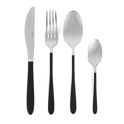 Salter BW07217 NoirSilver 16-teiliges Besteck set - Tafelsilber aus Edelstahl, Geschirrservice für 4 Personen, Enthält Messer, Gabeln, Esslöffel und Teelöffel, Besteck von Hand waschen, schwarz Griffe von SALTER