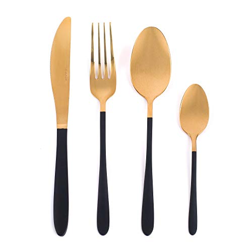 Salter BW07218 NoirGold 16-teiliges Besteckset 4 personen, cutlery essbesteck set 4 Tischaufstellungen, gold beschichtete Edelstahl Spiegeloberfläche mit schwarz Griffe , nur Handwäsche von SALTER