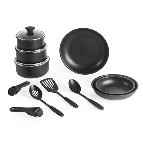 Salter BW12055IS Clip & Cook Küchenpfannen-Set, ofenfest, Bratpfannen, Kochtöpfe, 2 abnehmbare Griffe, stapelbar für platzsparend, antihaftbeschichtet, induktionsgeeignet, Herd-zu-Ofen, 14-teilig von SALTER