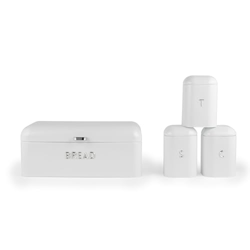 SALTER Boston 4-teiliges Arbeitsplatten-Set – Brotkasten, Tee, Zucker, Kaffeedosen, eisweißes Schimmer-Finish mit geprägtem Schriftzug, Vorratsbehälter, langlebige Vorratsdosen aus Stahl von SALTER