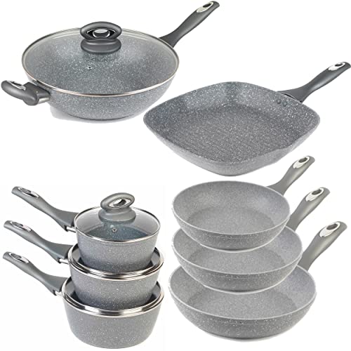 Salter COMBO-8572A 8 Piece Pan Set, 16/18/20cm Saucepans, 20/24/28cm Frying Pans, Wok & Lid, Griddle Pan, Non-Stick Induction Hob Suitable, Healthier Cooking With Little Or No Oil, Marblestone, Grey von SALTER