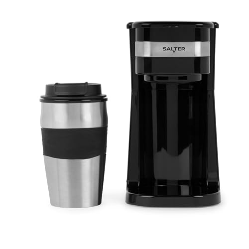 Salter Ein-Tassen-Kaffeemaschine – Filterkaffeemaschine, Waschbarer & wiederverwendbarer Filter, inklusive 420ml Edelstahl-Reisebecher. Brüht Kaffee in 3-4 Min., geeignet für gemahlenen Kaffee/Pads von SALTER