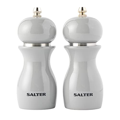 Salter 7613 GYXR Salz & Pfeffermühle Set - Küchenmühleset, Küche salzmühle, einstellbar Hartkeramik Schleifmechanismus, feines bis grobes Mahlen, Gewürzmühlen, 26g Salz/13g Pfeffer, glänzend Grau von SALTER