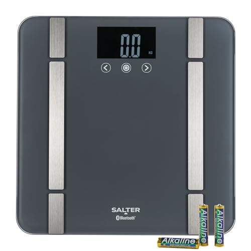 Salter SA00432GFEU6 Smart Scale für Badezimmer – Bluetooth Scale, 200 kg, Gewicht, Fett/Wasser, Muskel-/Knochenmasse, BMI/BMR, 8 Benutzerspeicher, Verbindung zum Telefon mit Salter Health App, Grau von SALTER