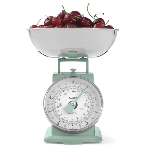 Salter Küchenwaage Mechanisch 5kg, Analoge Backwaage mit 1L Schüssel, Haushaltswaage Retro mit Großem Zifferblatt, Waage Küche Spülmaschinenfest, Präzise Gramm Waage, Salbeigrün von SALTER
