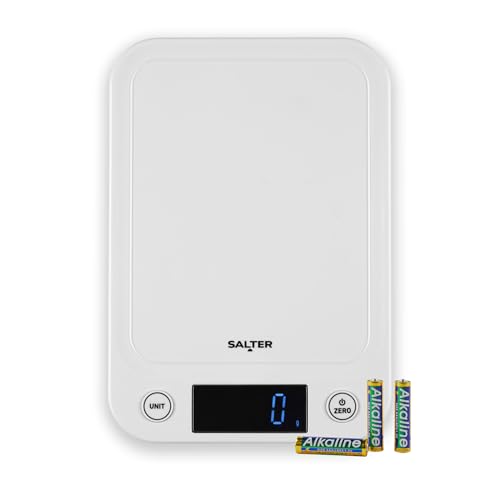 Salter Toronto Digitale Küchenwaage – Elektronische Lebensmittelwaage für Flüssigkeiten, einfach ablesbares hinterleuchtetes Display, Tara-/Nullfunktion, schlankes kompaktes Design, 5KG, Weiß von SALTER