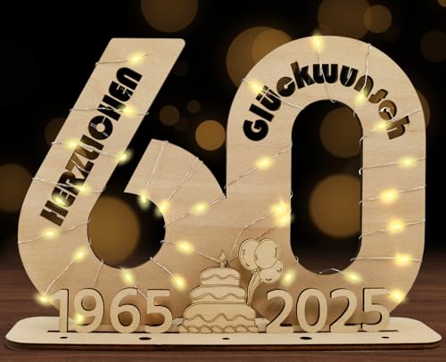 SALUOKE 2025 60 Geldgeschenke Geburtstag mit LED Lichterkette, 60 Geburtstag Geschenk für Frauen & Männer, Holzschild Gästebuch zum 60. Geburtstag, 60 Geburtstag Deko von SALUOKE