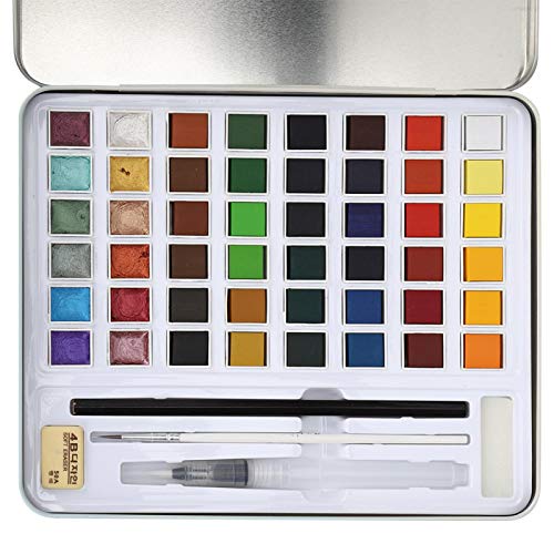 Aquarellfarben Set, Tragbar Aquarell Malkasten, 48 Farben+1 Wasserfüllfederhalter+1 x Strichzeichnungsstift+1 x Bleistift+1 x Radiergummi+1 x Schwamm, Aquarellfarben-Set für Anfänger und Profis von SALUTUYA