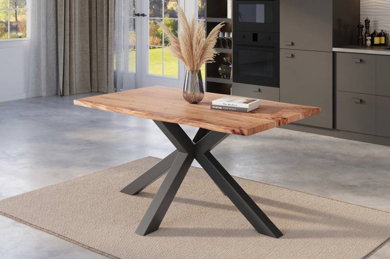 SAM® Baumkantentisch Nicki (1 Tischplatte und 1 Gestell), massives Akazienholz, Baumkante, Metallgestell Spider-Form, bis 3m von SAM®