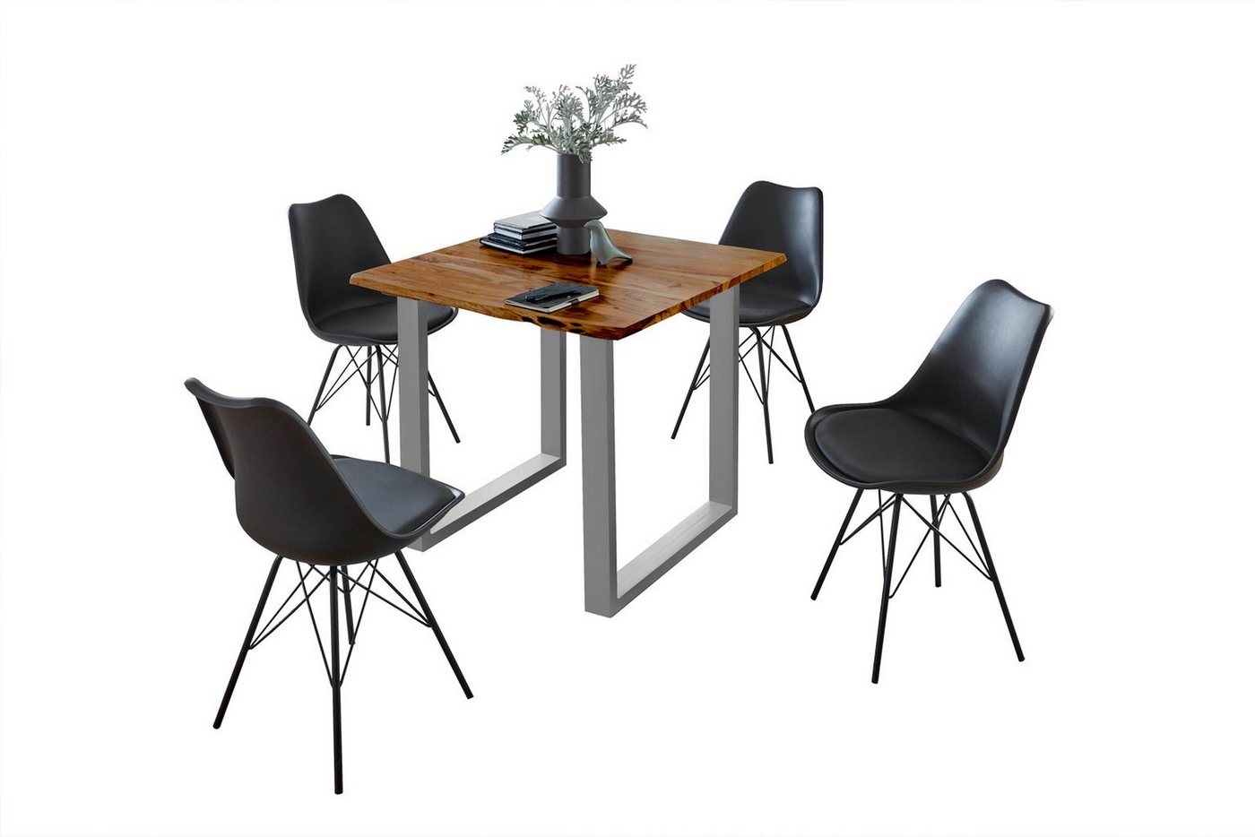 SAM® Essgruppe, Akazienholz, Baumkante, nussbaum, U-Gestell Metall und mit 4 Stühlen von SAM®