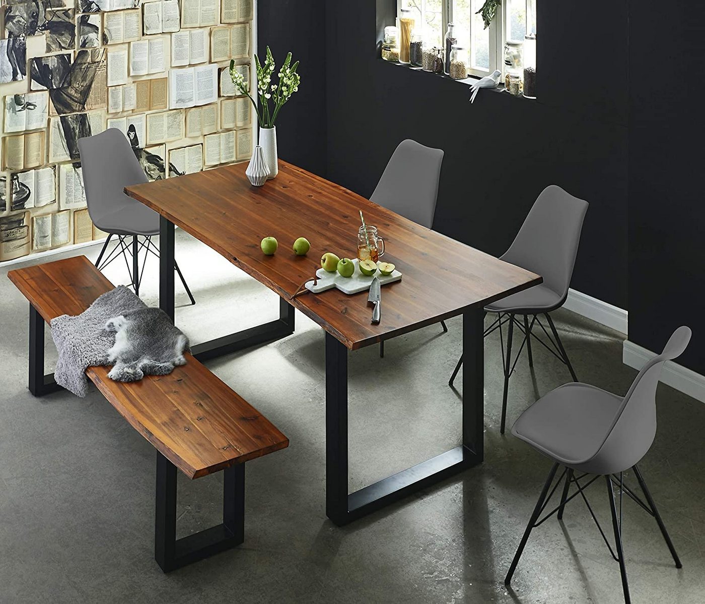 SAM® Essgruppe Baku, massives Akazienholz, cognacfarben, Baumkante mit 1 Bank und 4 Stühlen von SAM®
