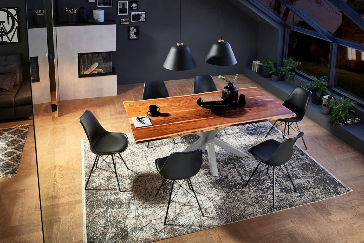 SAM® Essgruppe, massives Akazienholz mit Baumkante, Spidergestell Metall & 6 Stühlen von SAM®