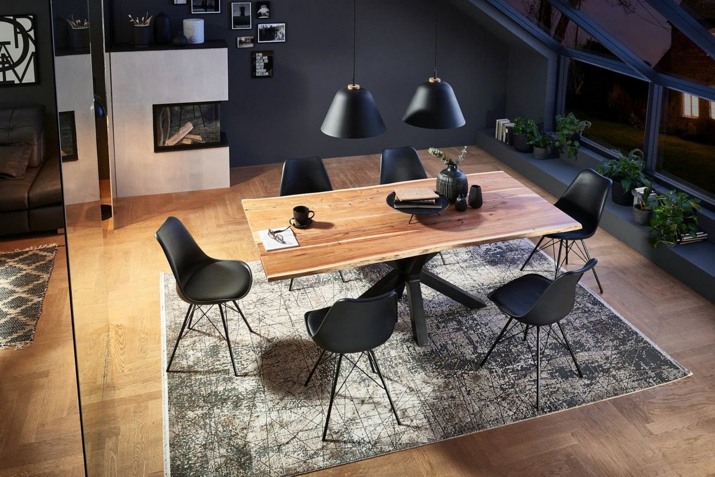 SAM® Essgruppe, massives Akazienholz mit Baumkante, Spidergestell Metall & 6 Stühlen von SAM®
